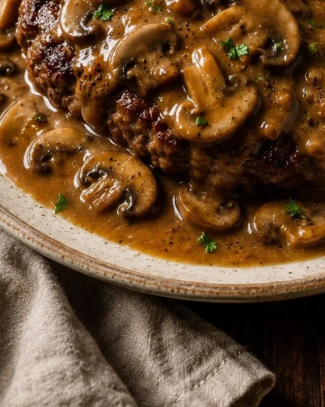 Salisbury steak patty covered with mushroom gravy, sliced mushrooms and parsley.