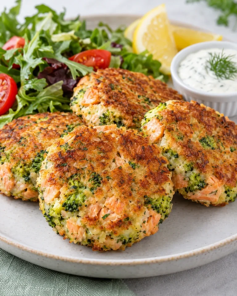 Golden salmon and broccoli fishcakes served with mixed greens, lemon wedges and a herb dip.