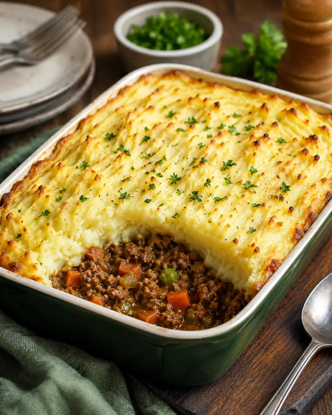 Shepherd's pie with golden creamy mashed potato topping in a white baking dish.