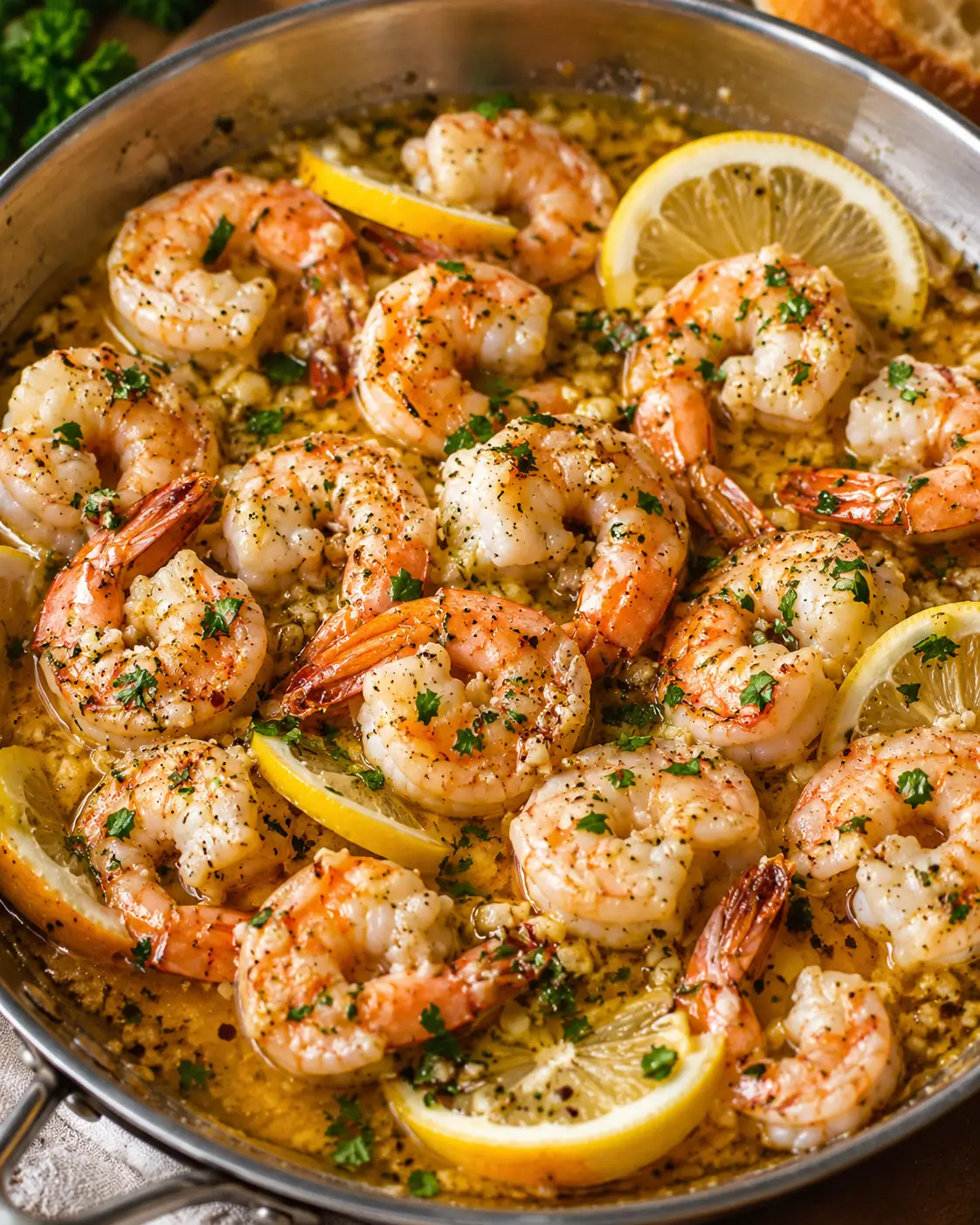 Garlic butter shrimp scampi with lemon and parsley in a shallow white bowl.