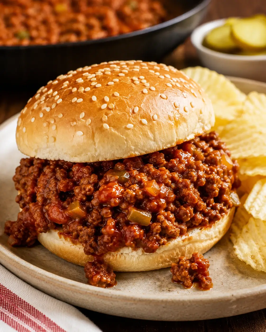 Sloppy joe with tangy beef filling on a soft hamburger bun.