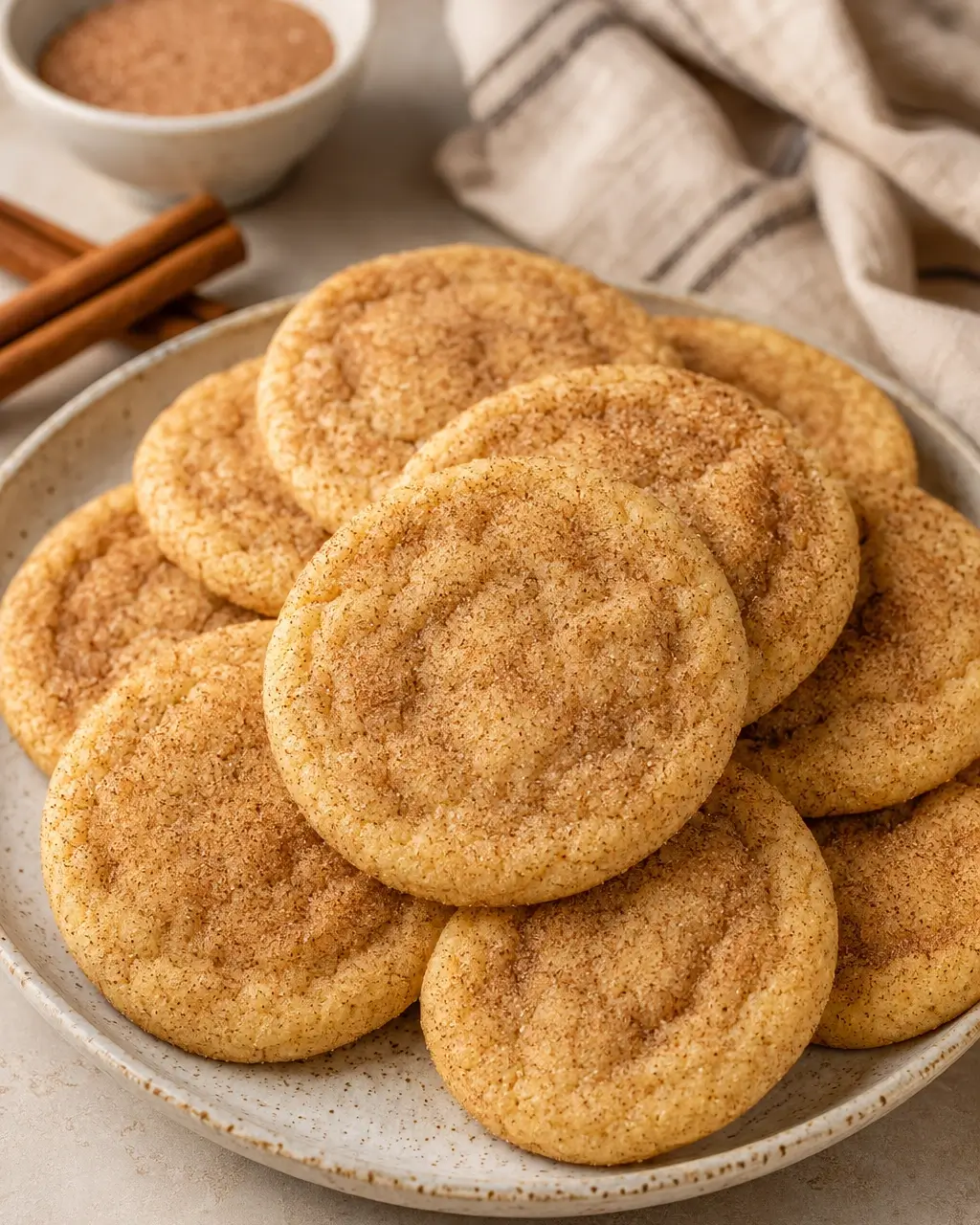 Soft and chewy snickerdoodle cookies with cinnamon-sugar coating on a cream plate