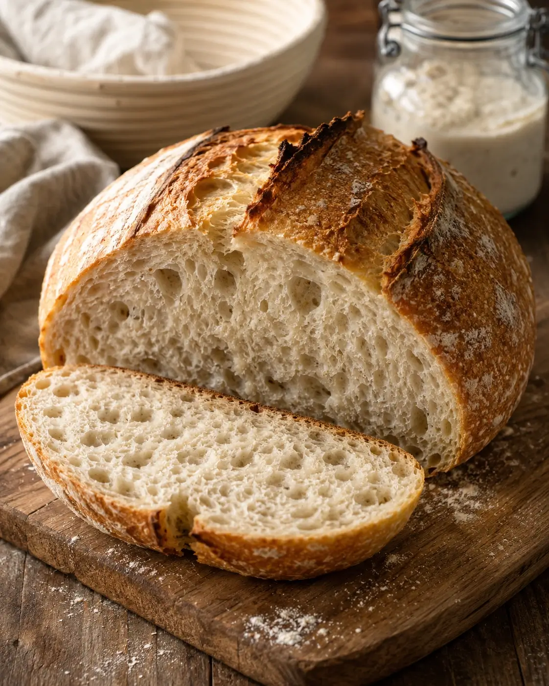 Round homemade sourdough loaf with a deeply golden scored crust and sliced crumb on a wooden board.