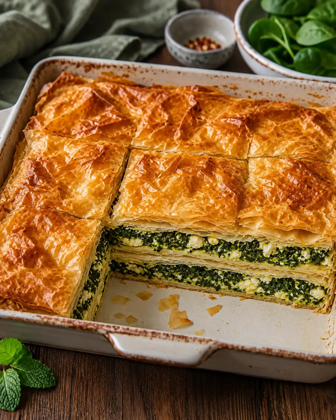 Golden spinach and feta filo pie with a cut slice showing the spinach-and-cheese filling.