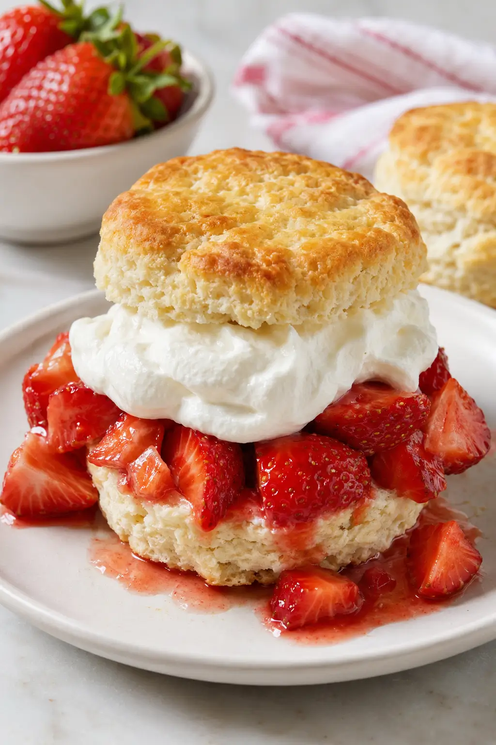Strawberry shortcake with buttermilk biscuits, sliced strawberries and whipped cream.