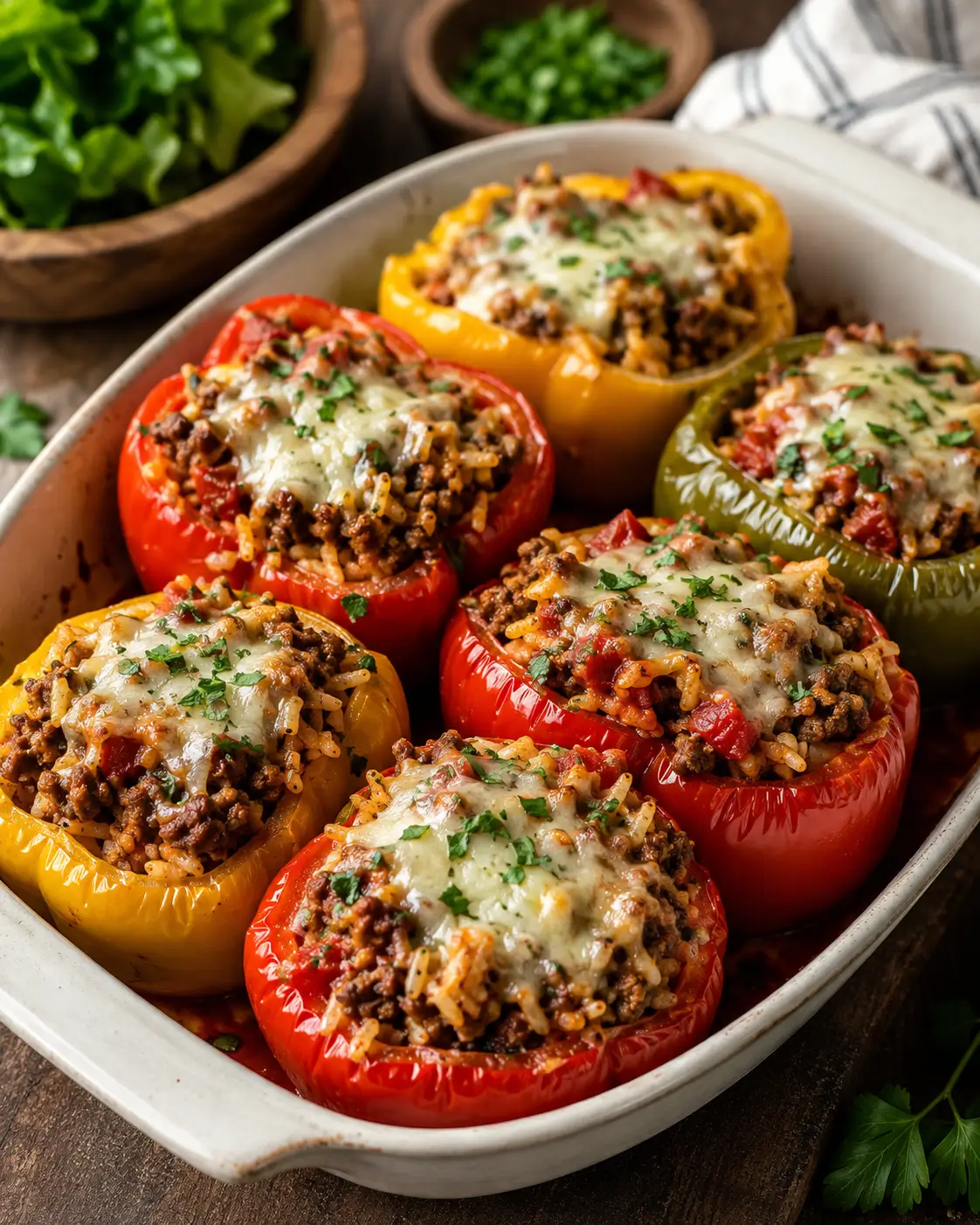 Beef and rice stuffed bell peppers topped with melted mozzarella in a baking dish.