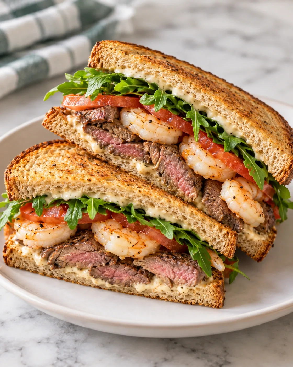 Surf-and-turf low-carb sandwich with sliced steak, shrimp, arugula and tomato on toasted bread.