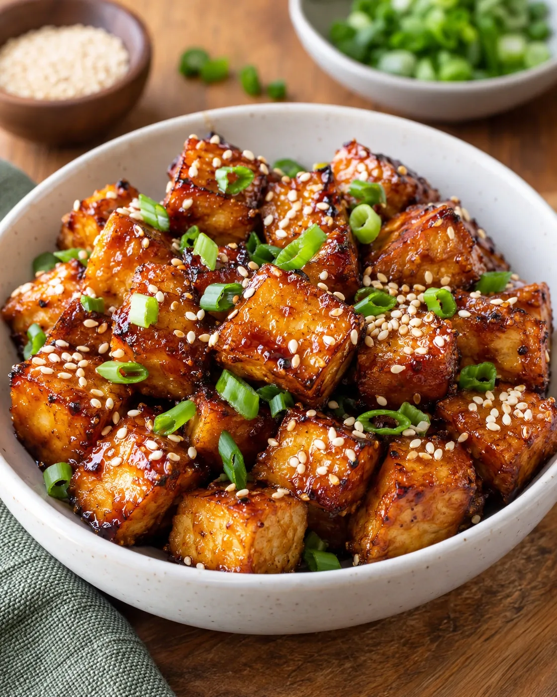 Sweet soy baked tofu bites with sesame seeds and sliced green onions.