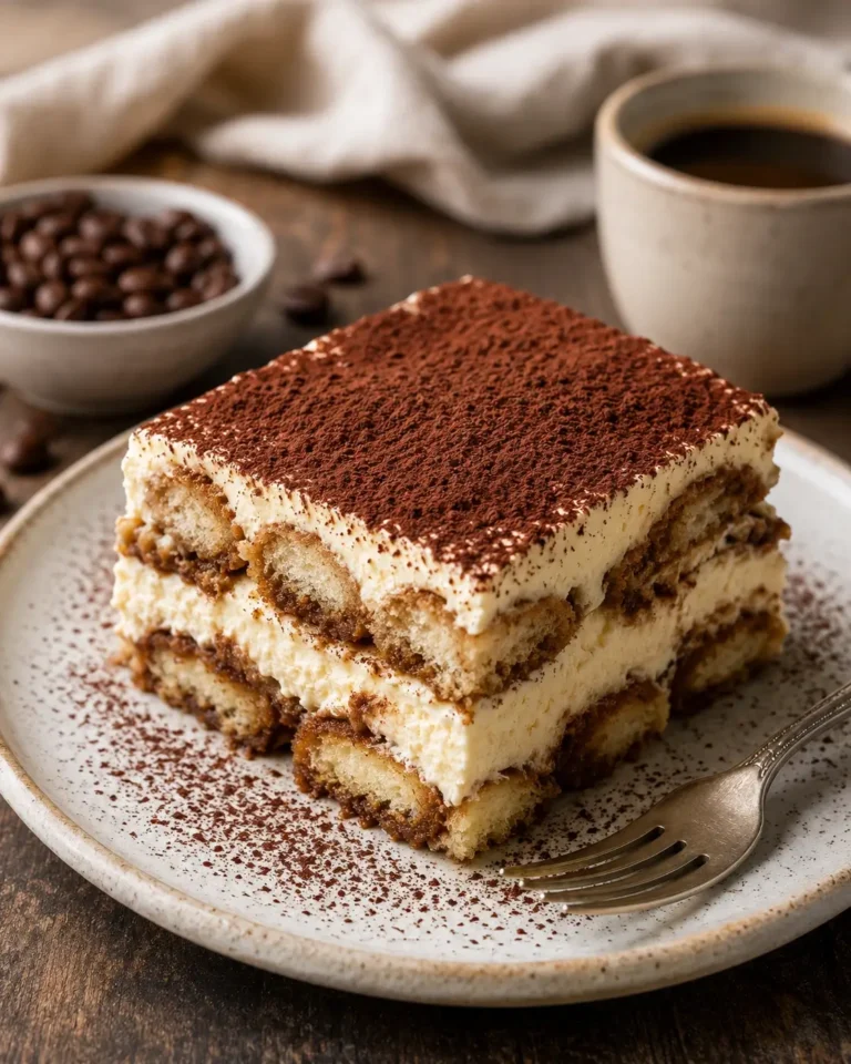 Cocoa-dusted slice of tiramisu with layers of mascarpone cream and espresso-soaked ladyfingers.