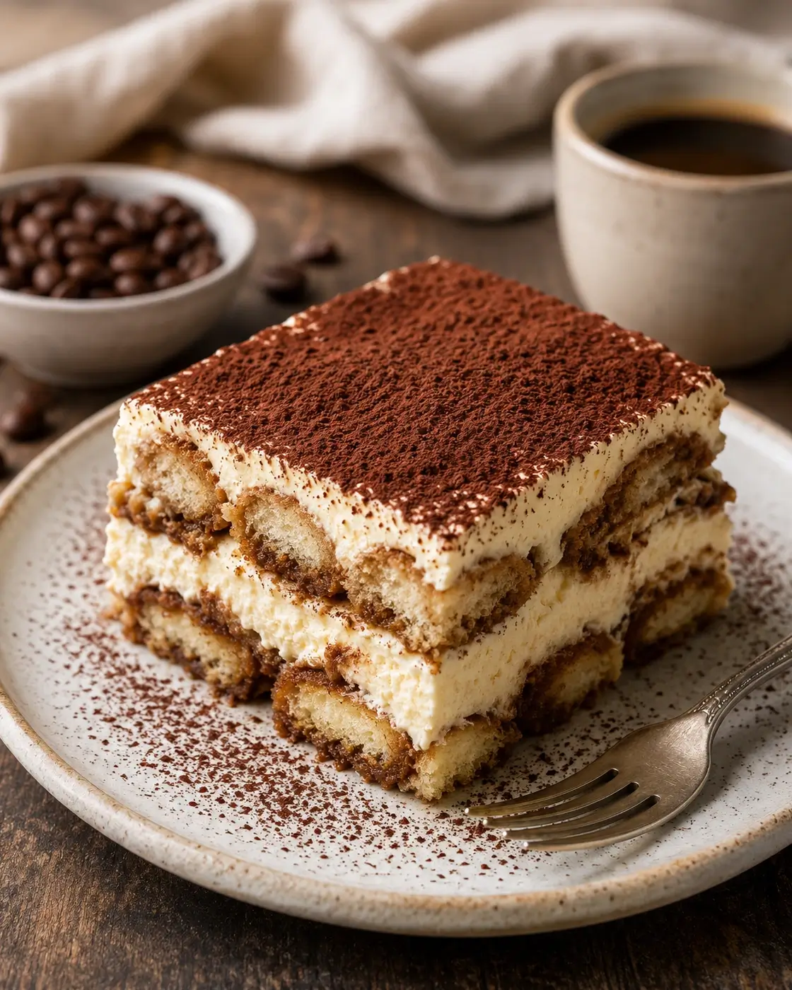 Cocoa-dusted slice of tiramisu with layers of mascarpone cream and espresso-soaked ladyfingers.