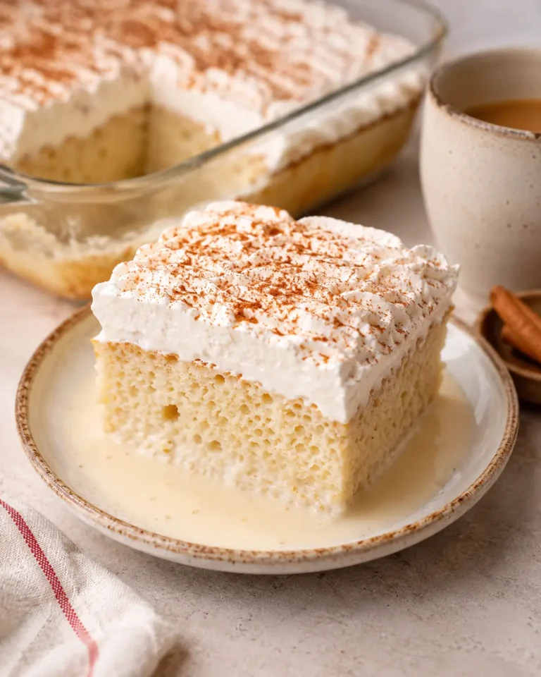 Slice of tres leches cake topped with whipped cream and a light dusting of cinnamon.