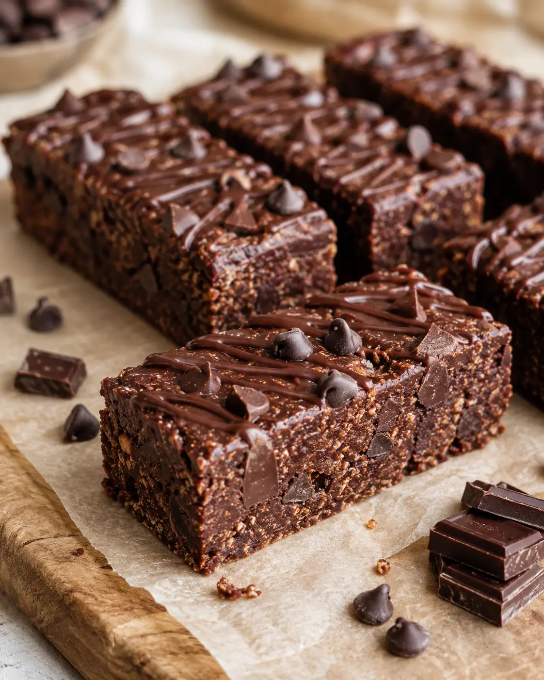 Triple chocolate protein bars topped with chocolate chips, chunks and dark chocolate drizzle.