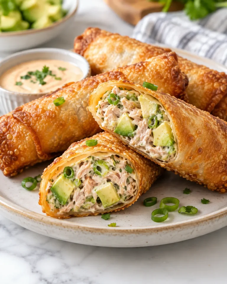 Crispy tuna avocado egg rolls with one cut open to show the filling.