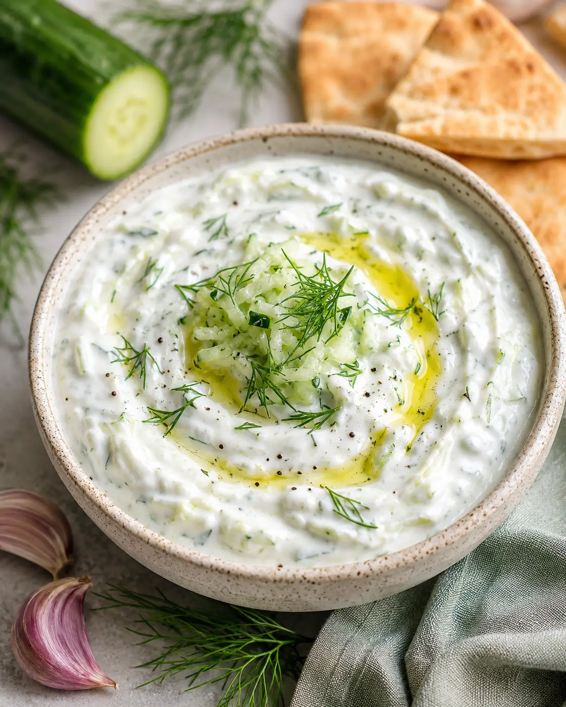 Homemade tzatziki in a white bowl with cucumber and fresh dill.