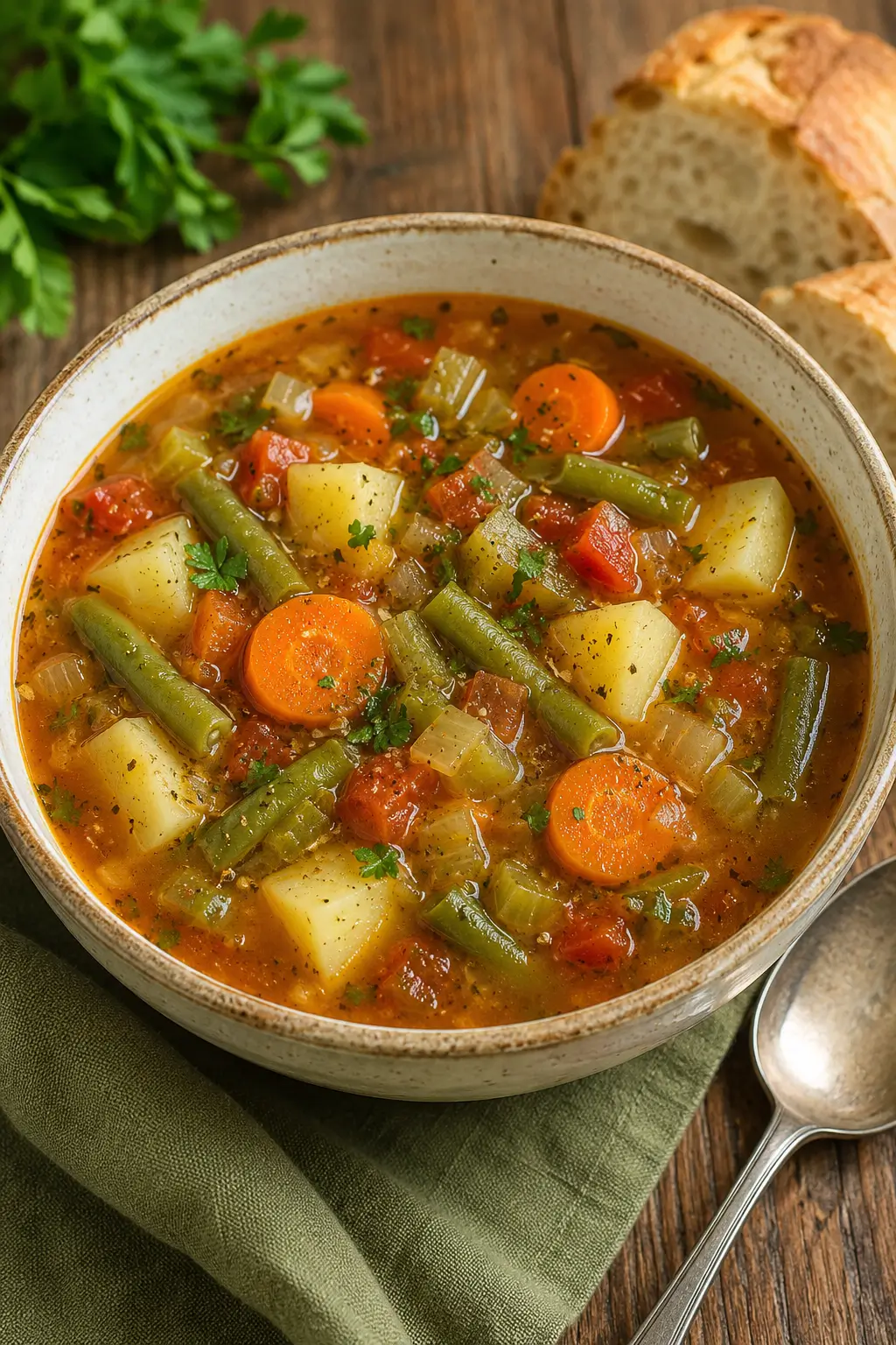 Bowl of vegetable soup with potatoes, green beans, carrots, celery and tomatoes.