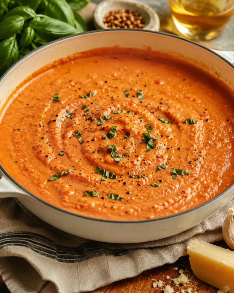 Creamy tomato vodka sauce in a white ceramic bowl topped with finely grated Parmesan.