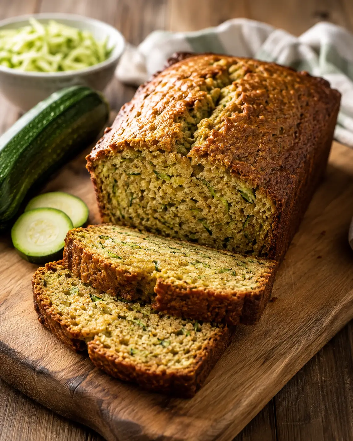 Sliced homemade zucchini bread loaf on a white ceramic plate.